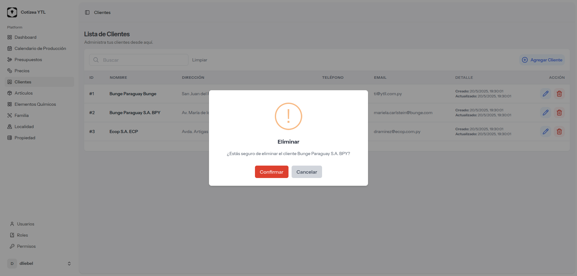 Pantalla de confirmación de eliminación de cliente