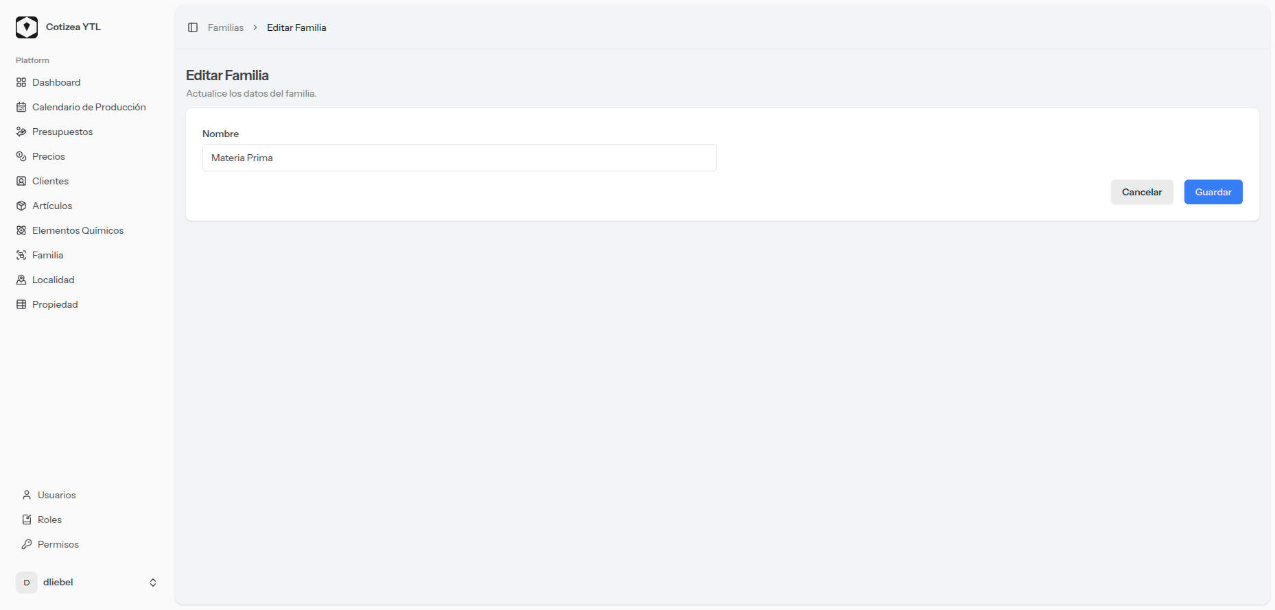 Pantalla de creación de familia