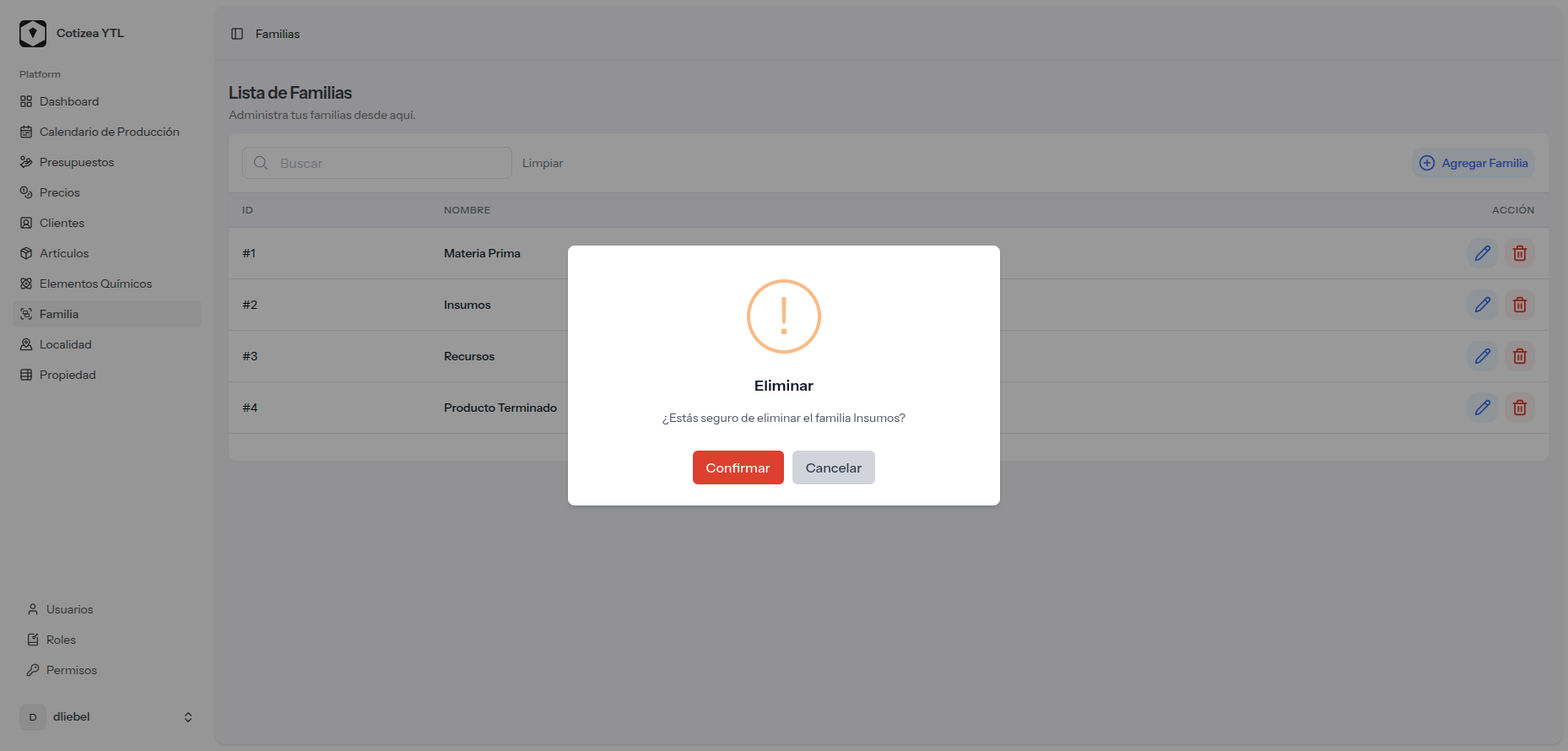 Pantalla de confirmación de eliminación de familia