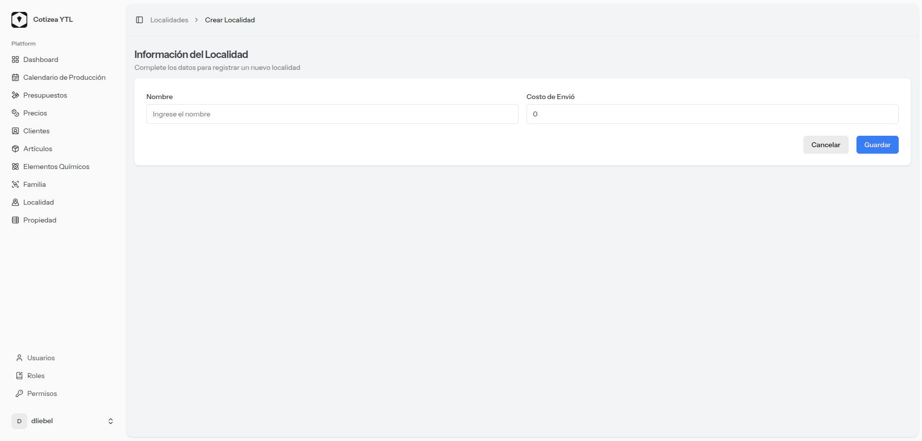 Pantalla de registro de localización