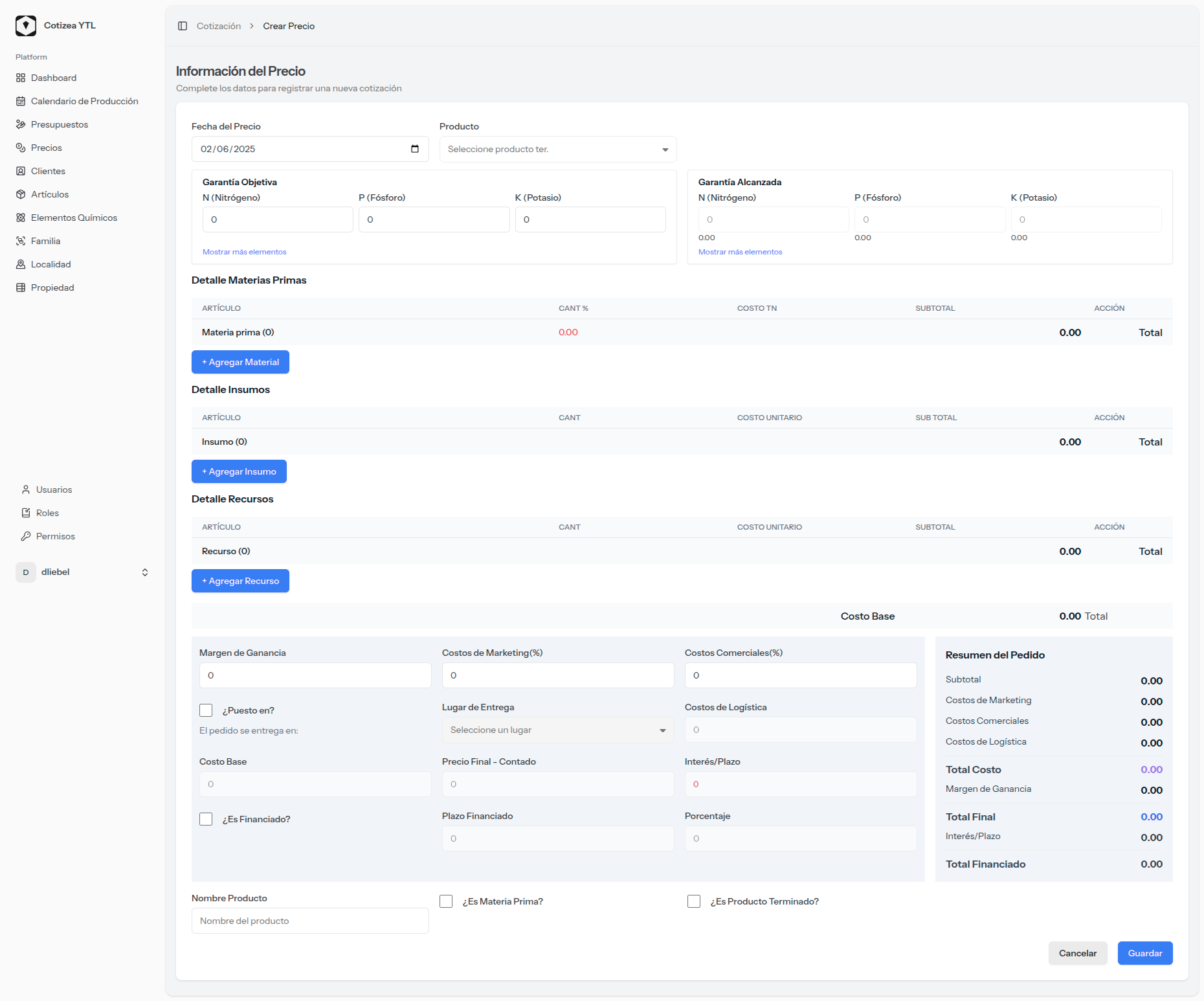 Pantalla Creación de Precios