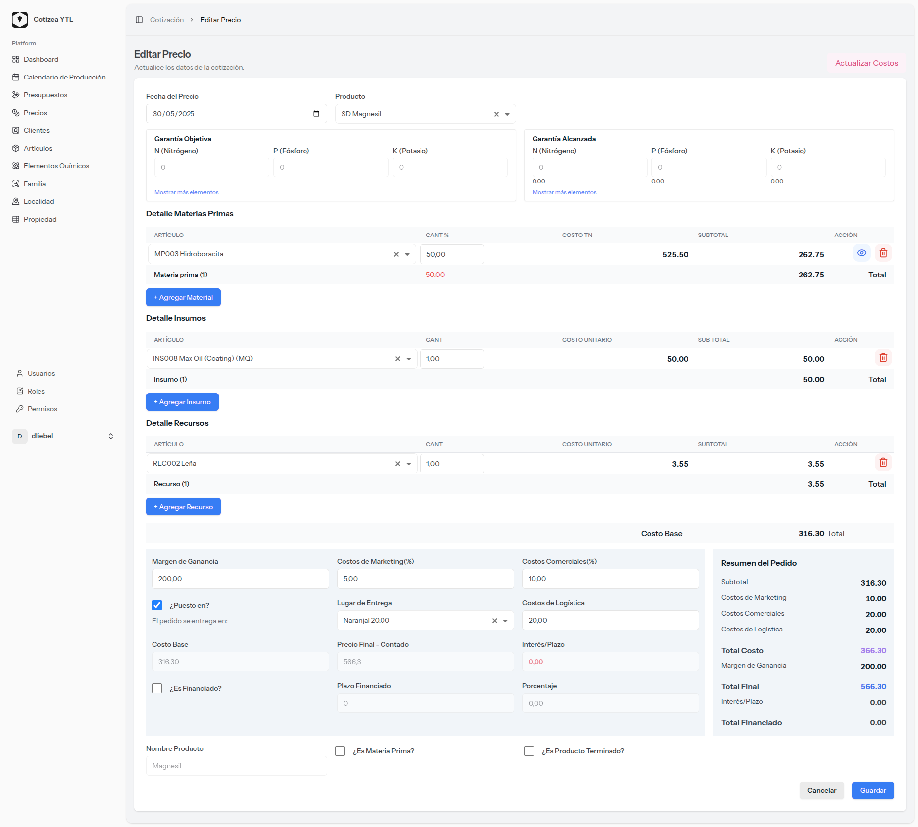 Pantalla Creación de Precios